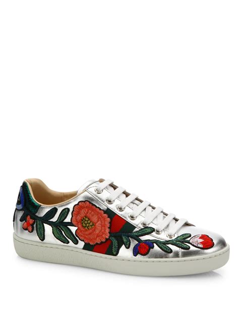 gucci ace floral embroidered sneakers|Gucci ace metallic snakeskin sneakers.